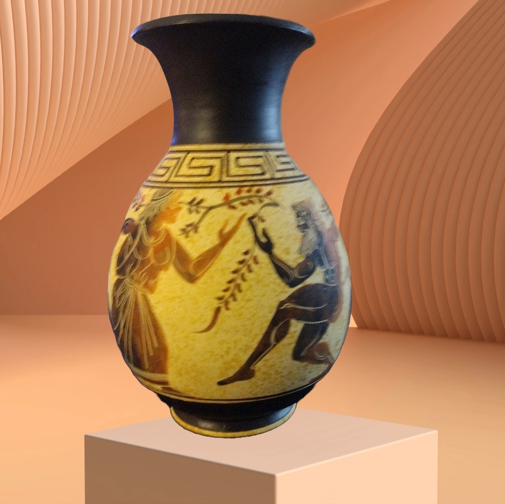 Vintage Ancient Greek Pottery Vase Hand Made &  of Satyr Dionysus and Maenad